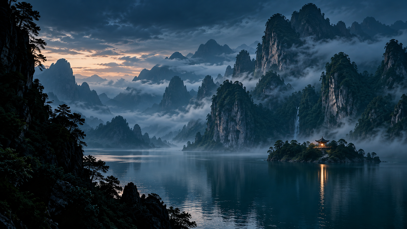 AI 示例图:雾山与湖上的灯火